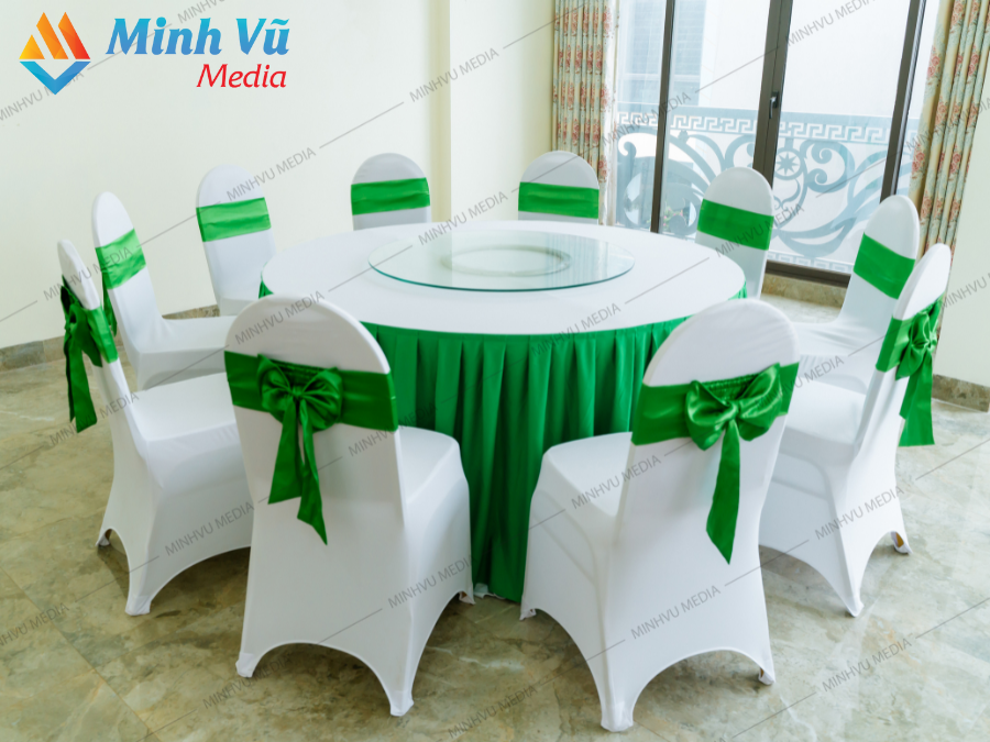 Bộ bàn ghế tròn sự kiện trắng - xanh lá